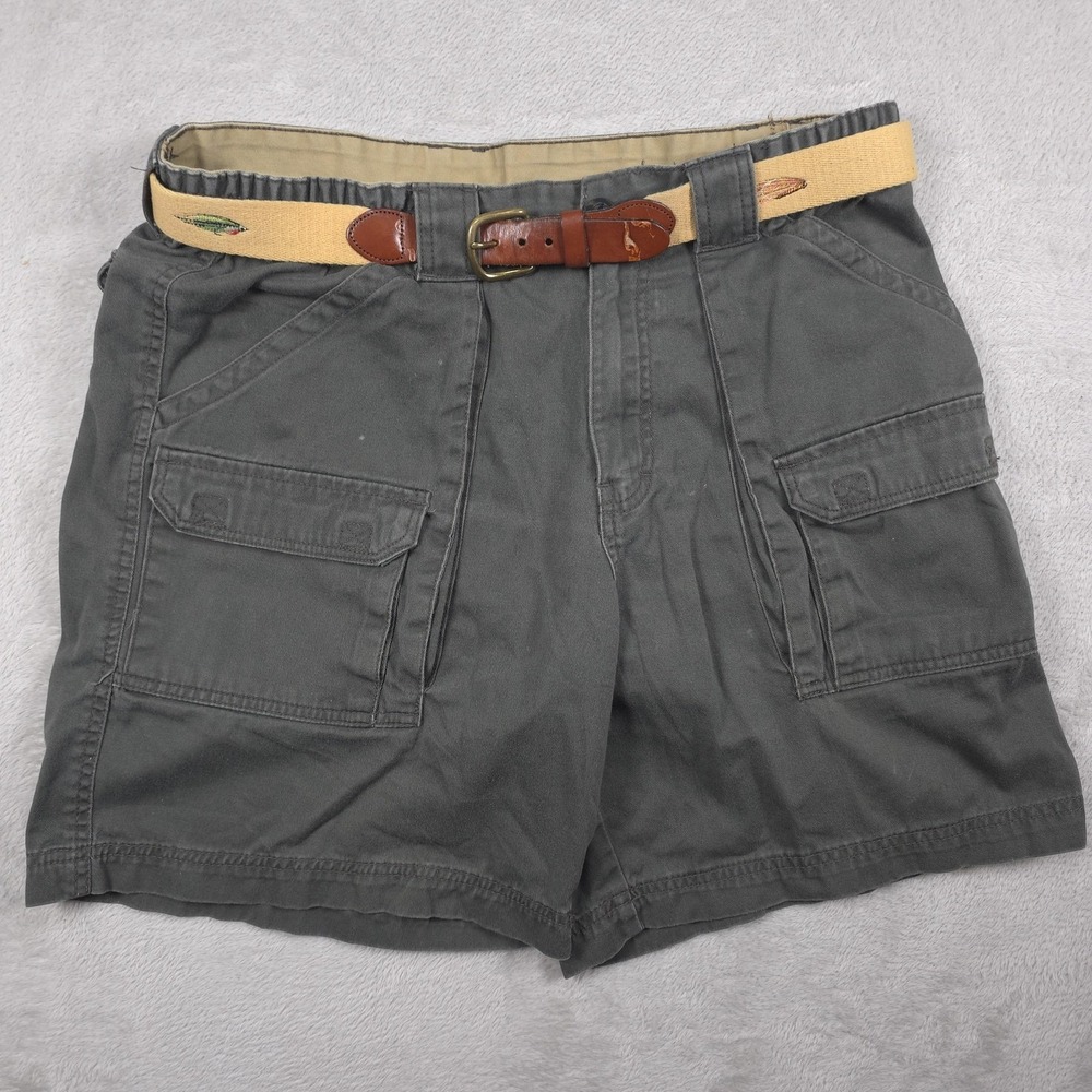 Outdoor Life Cargo Shorts Mens 34 Gray Canvas Belted Leather Man Fly Fishing